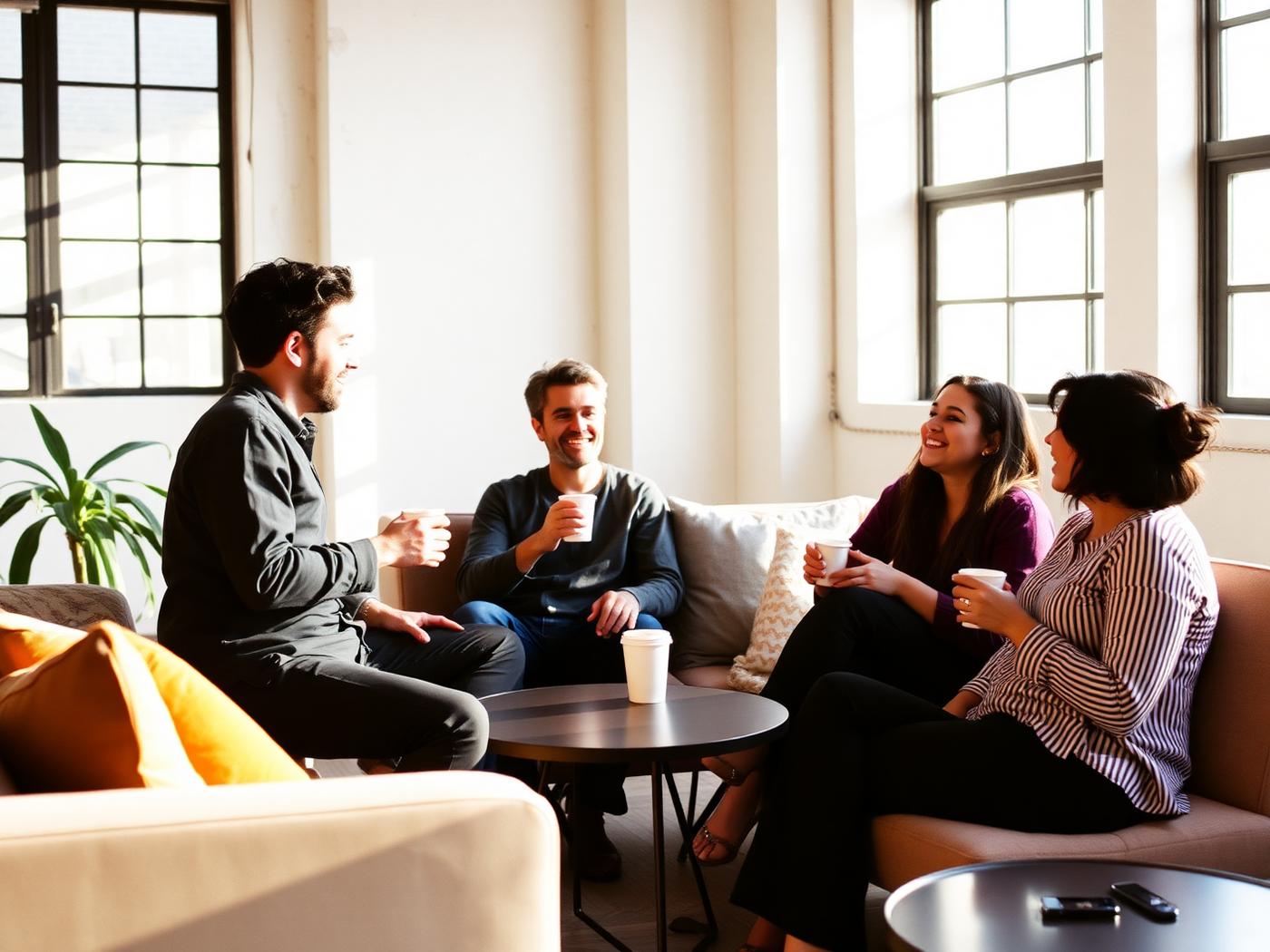 A small group of founders talking in a bright daylight loft