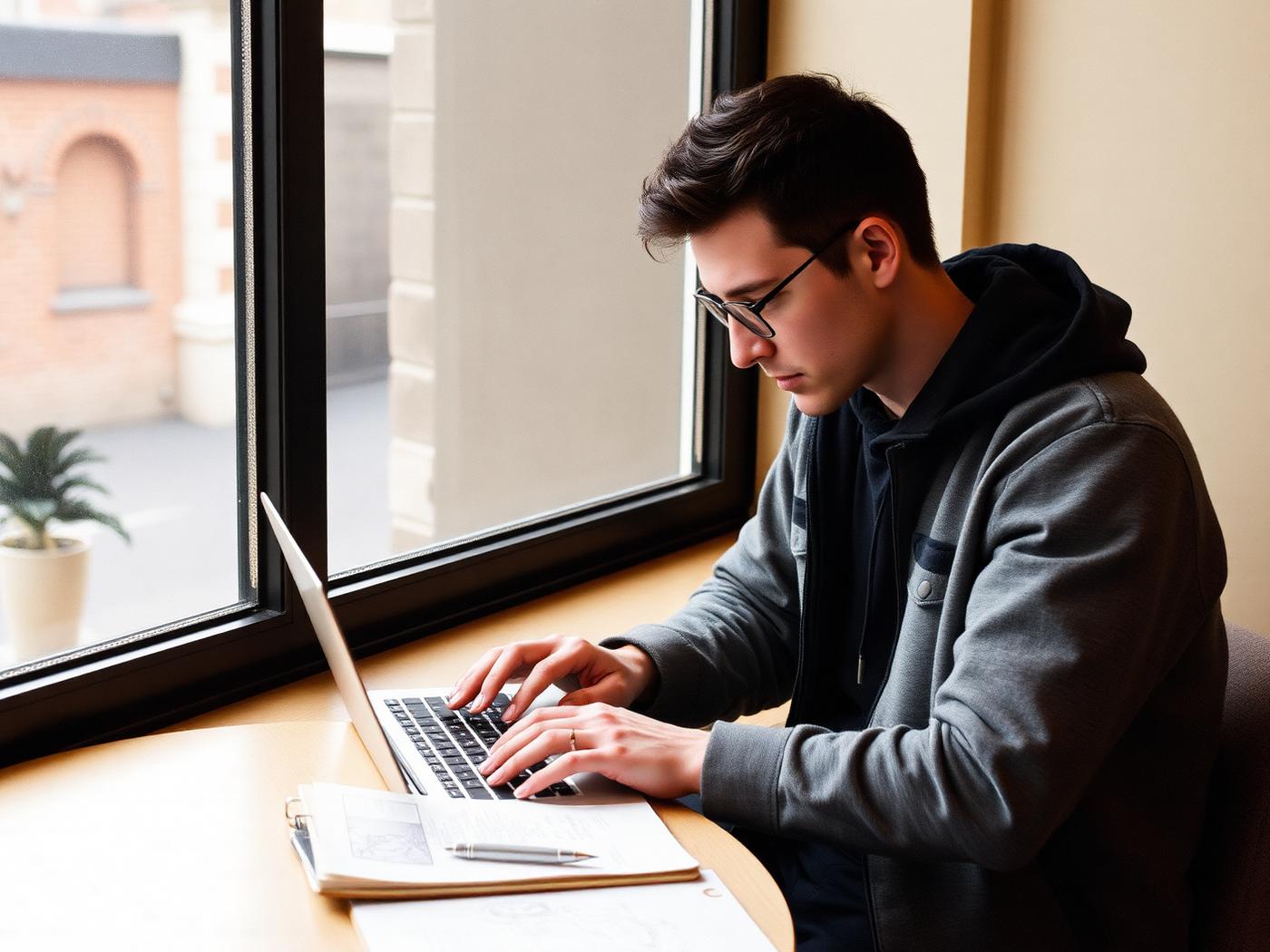 A founder working on a laptop beside a window in daylight